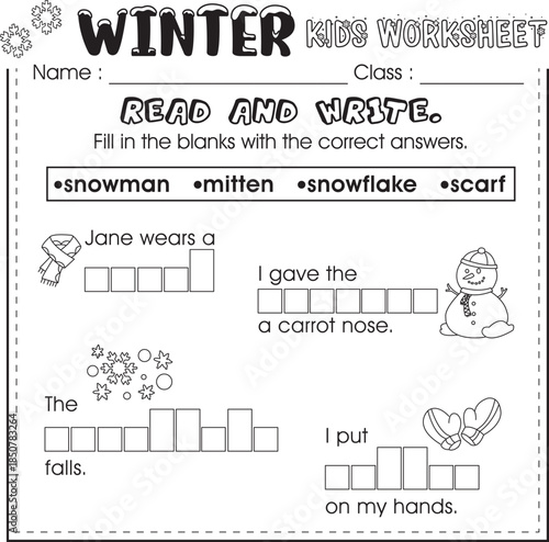 Winter kids worksheet : read and write the correct answers