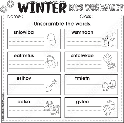 Winter kids word scramble worksheet activity