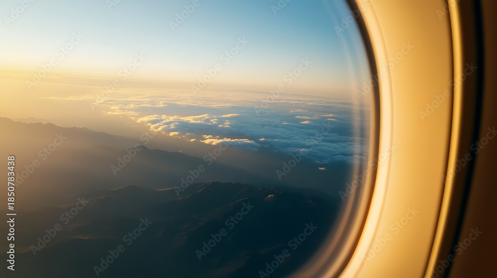 Fototapeta premium Aerial view from a plane window during sunset: clouds and mountain peaks covered in mist illuminated by soft light. The golden hues create a serene atmosphere, offering a tranquil travel scene.