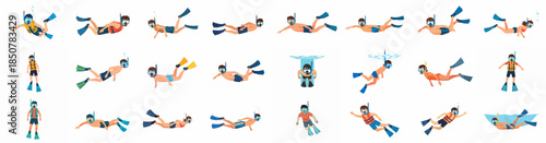 Vector set of people snorkeling and diving in the water, wearing masks, snorkels, fins, and life jackets, isolated for summer vacation and water sports concepts.