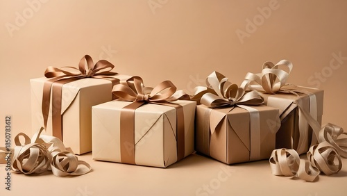 Gift Boxes in Various Sizes With Simple Ribbons Arranged on a Smooth Background in a Indoor Setting