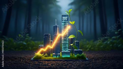 Smart city model with a rising arrow and a plant growing out of it on soil.