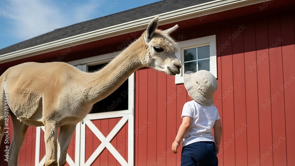 Obraz premium Young Child Interacting with a Light Brown Alpaca Near a Red Barn toddler animal