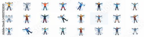 Diverse collection of people making snow angels in winter clothes, enjoying recreational cold weather fun and seasonal outdoor activities.