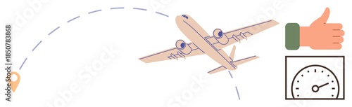 Airplane in flight on dotted trajectory, destination marker, thumbs-up for approval, and speedometer. Ideal for travel, speed, efficiency, journey aviation metrics positive feedback. Simple flat