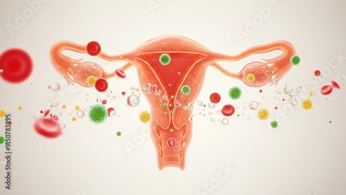 A glowing female reproductive system with blood cells and nutrients showing inner health, ovulation and menstrual cycle women