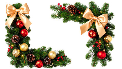 Two festive christmas corner garland borders for holiday design isolated on transparent background