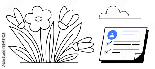 Blooming flowers beside a checklist document under a cloud. Ideal for organization, planning, productivity, growth, sustainability, personal development, ecology. Simple flat metaphor