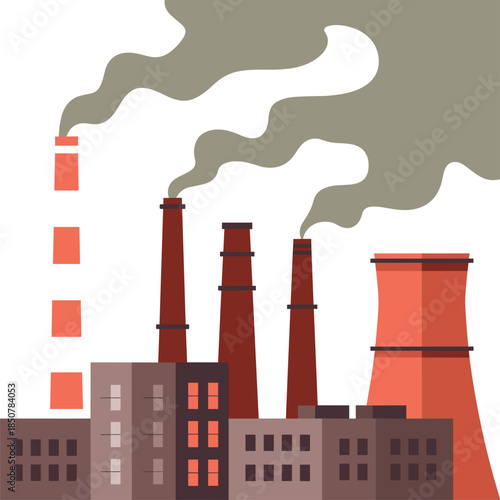 Industrial pollution illustration, factory smokestacks emitting smoke, environmental damage concept, air quality impact, energy production emissions, climate change visual
