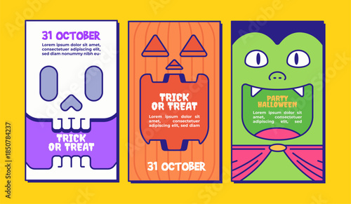 Colorful halloween party ticket designs featuring skull, jack o lantern pumpkin, and funny monster characters. playful cartoon style perfect for halloween events, invitations, kids parties, and festiv