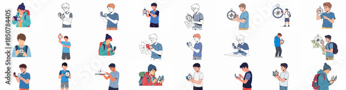 Set of vector illustrations featuring boys and men using a compass and map for navigation, guiding hikers and adventurers on outdoor journeys.