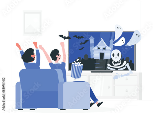 People watching Halloween on T V with excited expressions skeleton ghost bats d