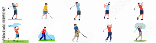 Set of vector illustrations showcasing male golfers in various dynamic poses and swing stages on the golf course, isolated on white.