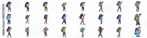 Set of vector illustrations depicting male travelers and hikers carrying heavy, oversized backpacks and rucksacks, symbolizing trekking, adventure, and burden.