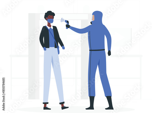 Person wearing protective suit taking temperature of another person temperature check face mask desi