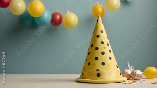 Birthday Party Setup With Yellow Polka Dot Hat, Balloons, and Confetti on a Table in a Festive Room