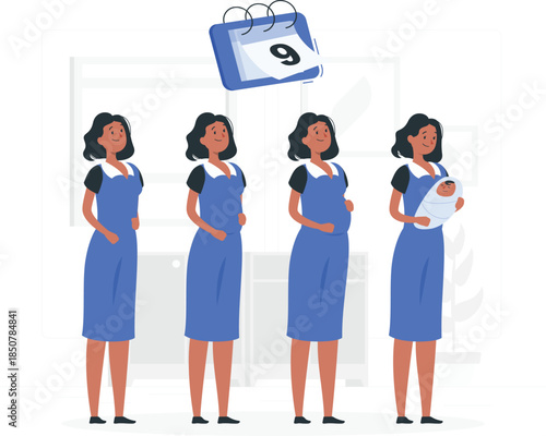 Pregnant woman nine months calendar stages pregnancy desig