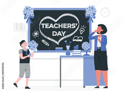 Teacher and student celebrating Teachers' Day with flowers and classroom decorations chalkboard desi