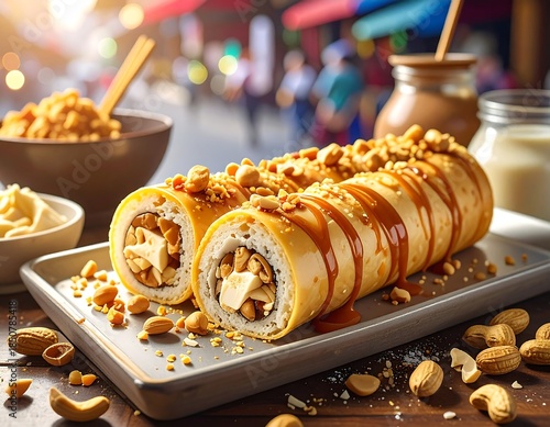 Close-up of sweet, peanut-filled rolls with caramel drizzle, nuts