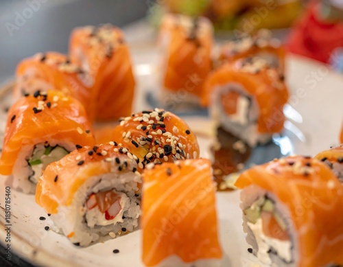 Close-up of sushi rolls with salmon, rice, and colorful garnishes