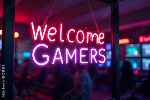 A glowing �Welcome Gamers� sign inside a neon-lit gaming room.