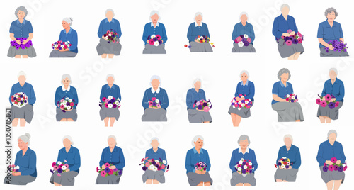Diverse Vector Collection of Senior Women Sitting and Holding Colorful Petunia Flower Bouquets.