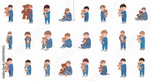 Cute vector illustrations set of little boys in blue pajamas holding and cuddling teddy bears, symbolizing bedtime, comfort, security, and childhood.