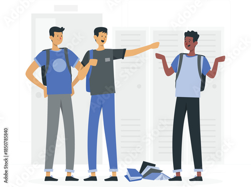 Three young men standing in front of lockers with books on the floor young adults teenagers students