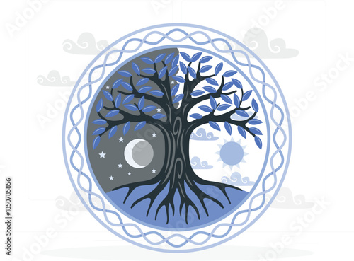 Tree of life with sun moon and stars in circular frame des