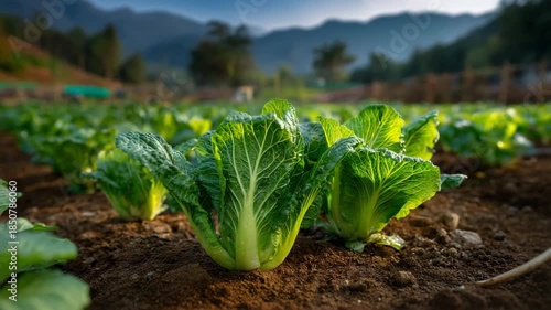 Wallpaper Mural Fresh green lettuce plants growing in a field with mountains Torontodigital.ca