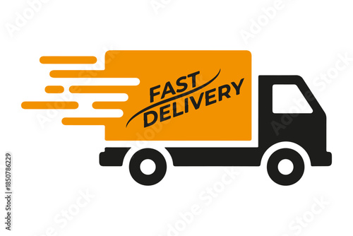 A professional orange and black vector logo featuring a moving delivery truck with "FAST DELIVERY" text, symbolizing rapid logistics and express shipping. PNG and JPG formats included.