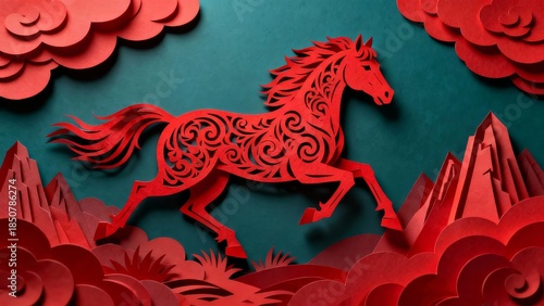 A vibrant red paper-cut art depicting a dynamic horse in motion set against a deep teal background with stylized clouds and mountain peaks.