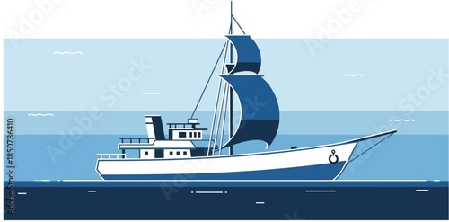 Stylized illustration of a large fishing trawler with blue sails on a calm blue ocean under a clear sky