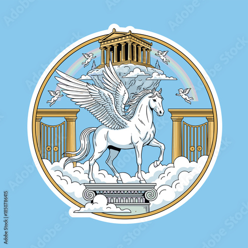 A majestic winged Pegasus standing on a cloud amidst Greek temples and cherubs in a heavenly sky