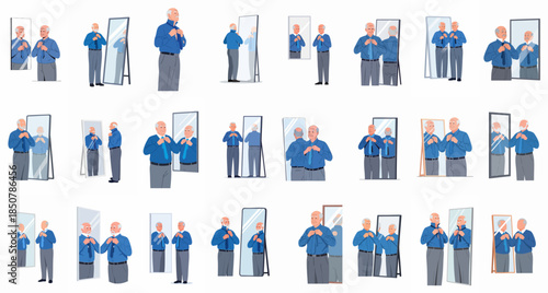 Set of illustrations showing an elderly man dressing and tying his blue necktie, checking his appearance in various mirrors for daily routine or formal events.