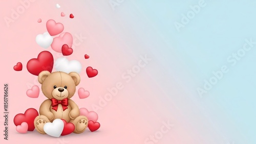 A charming teddy bear sitting among various heart shaped balloons and objects on a soft pink and blue gradient background