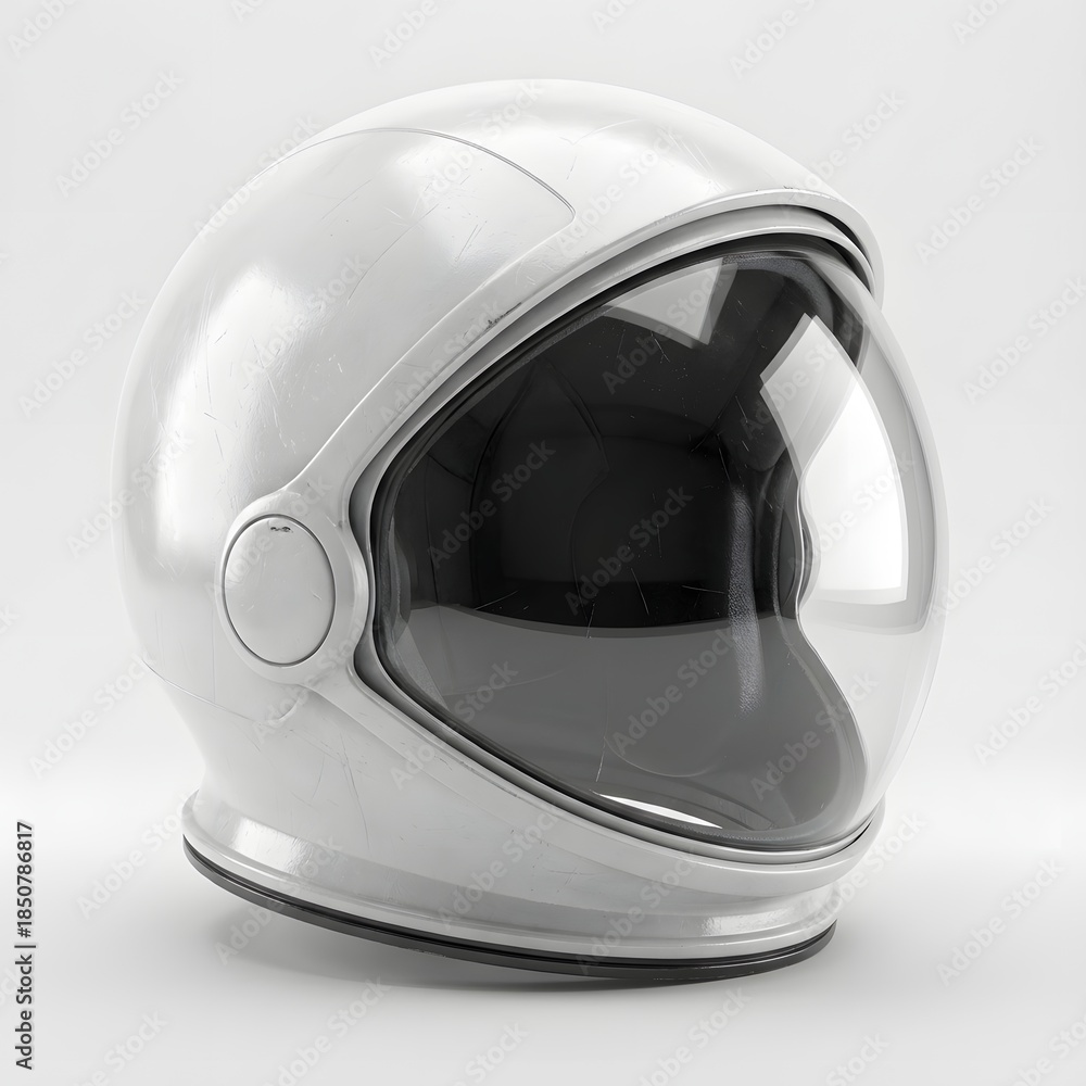 Fototapeta premium A close-up view of a white astronaut helmet with a reflective visor on a plain white background