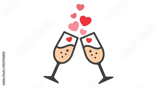 Two champagne glasses clinking together with hearts floating upwards, symbolizing a romantic toast or celebration of love and happiness.