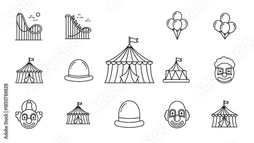 Line art icons of circus and amusement park elements including roller coasters, big top tents, balloons, and clown faces.