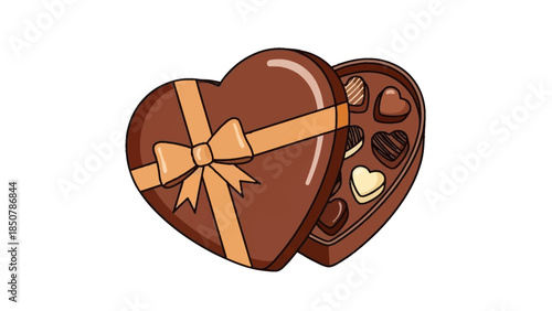 A heart-shaped brown chocolate box with a golden ribbon, partially open to reveal assorted chocolates inside.