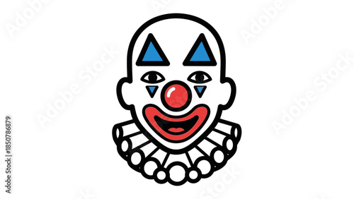 A simple, graphic illustration of a clown's head with a red nose and blue eye makeup.