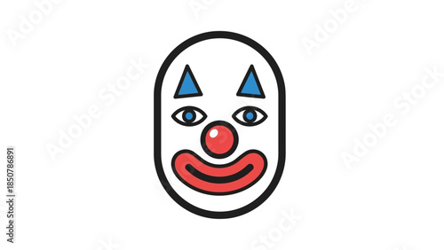 Simple cartoon illustration of a clown face with white makeup, blue eyebrows, blue eyes, red nose, and a red smile on a white background.