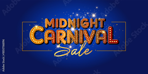 Midnight Carnival Sale logo. End of year sale promotion. Vector typo design on a dark blue background. Festive carnival elements, neon lights, high contrast, luxurious and exciting style.