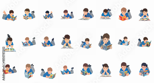 Set of vector illustrations featuring boys lying down reading comic books and stories, isolated graphics promoting children's reading habits and imagination.