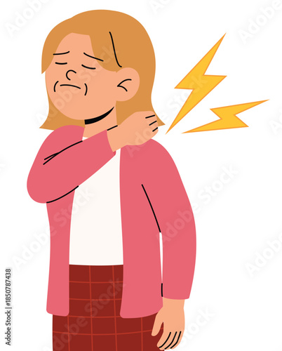 Middle Age Woman with Shoulder Pain, Unwell Female Hands on Shoulder with Hurt illustration