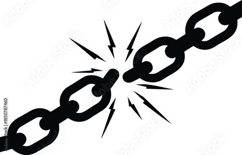 Powerful black silhouette of a metal chain breaking with radiating energy burst