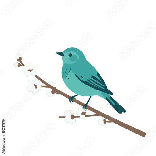 Blue bird perched on a blossoming branch.