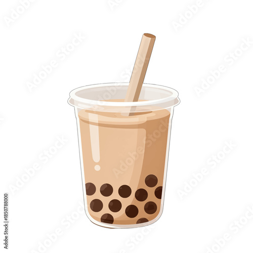 Bubble tea cup with straw and tapioca pearls.