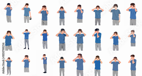 Vector illustration set of young men in blue t-shirts and grey sweatpants putting on, adjusting, and listening with over-ear headphones.