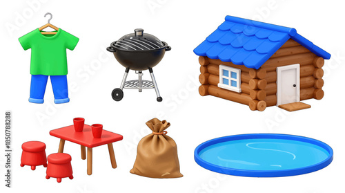 Collection of outdoor items including grill, pool, and wooden cabin